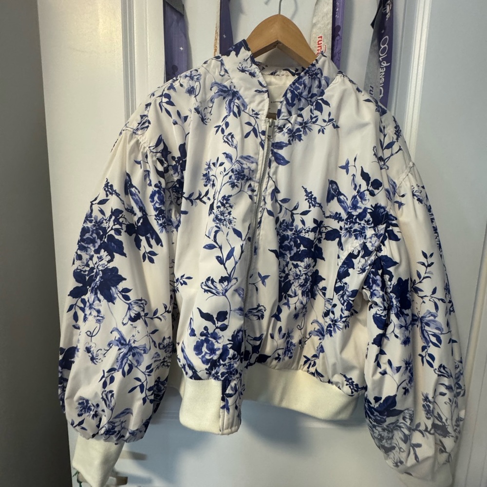 Anthropologie Satin Blue and White Floral Bomber Jacket